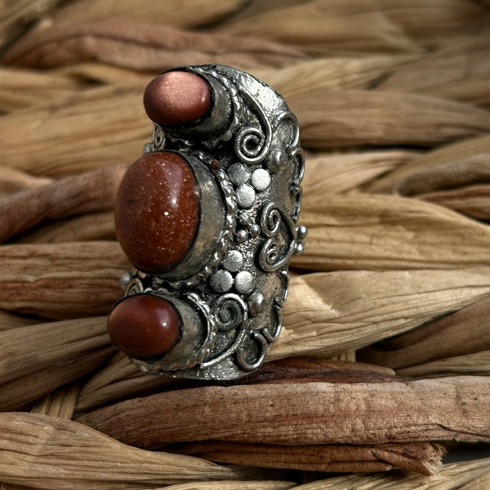 Sunstone & Glass Silver engraved Bohemian Women's Ring Sz 7
